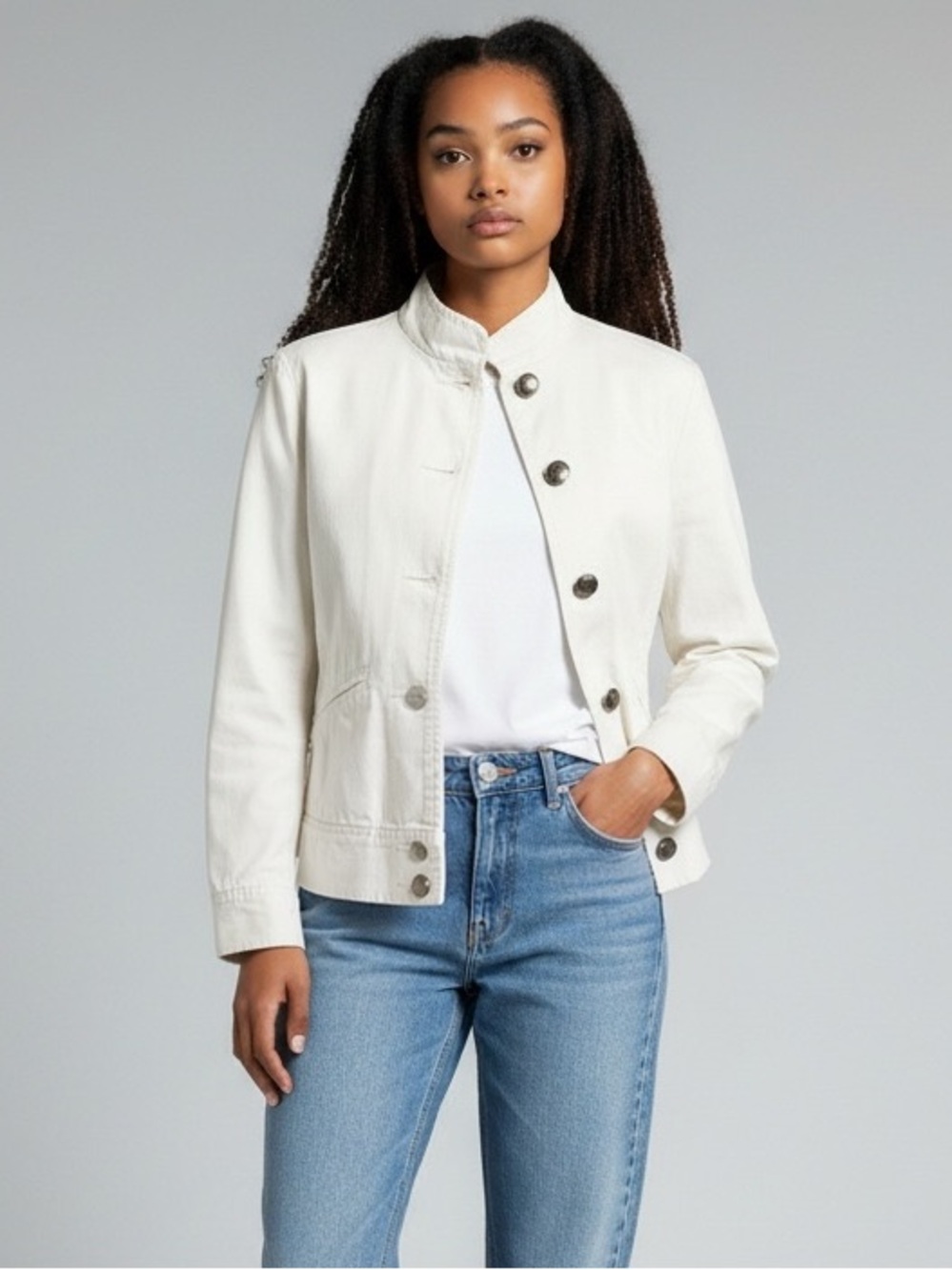 Chaps Off White Structured Button Front Moto Utility Jacket Minimalist